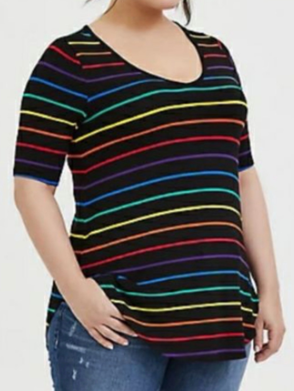 Torrid Super Soft Black Scoop Neck Tunic Top w/ Rainbow Stripes - SZ 1X or 14/16